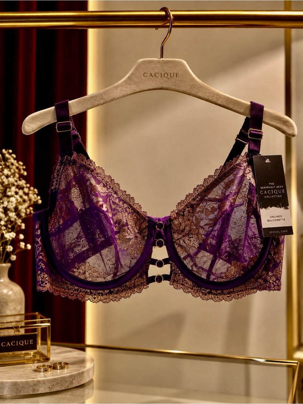 Cacique Seriously Sexy Collection Purple & Metallic Gold Lace Bra 42D NWT